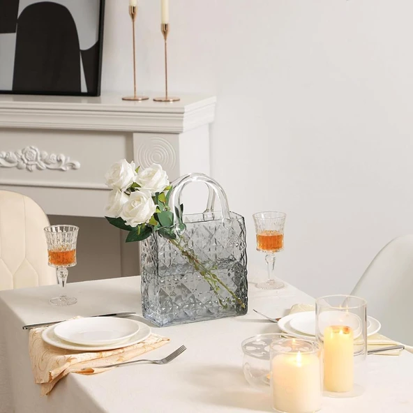 Nettenevime Çanta Vazo Köşeli Model Cam Çiçek Vazosu Dekoratif Antrasit Vazo Büyük Boy Glass Bag Vase - 6