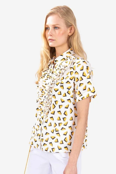 Kadın Volan Detaylı Geometrik Desenli Gömlek Bluz FRN1008 - 12