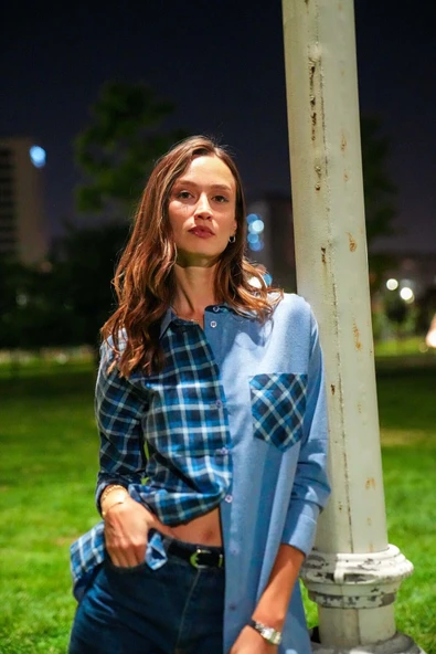 Kadın Ekoseli Düşük Omuzlu Gömlek FRN1114 - 3