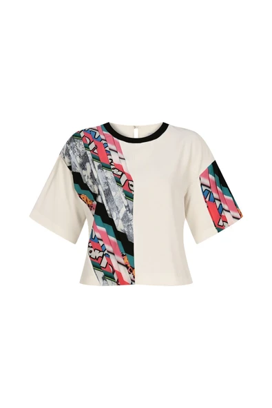 Kadın Asimetrik Desenli Kısa Kollu Bluz FRN1006 - 10