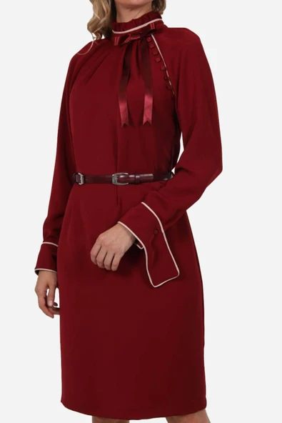 Kadın Fiyonk Detaylı Yüksek Yaka Elbise FRN3101 - 3