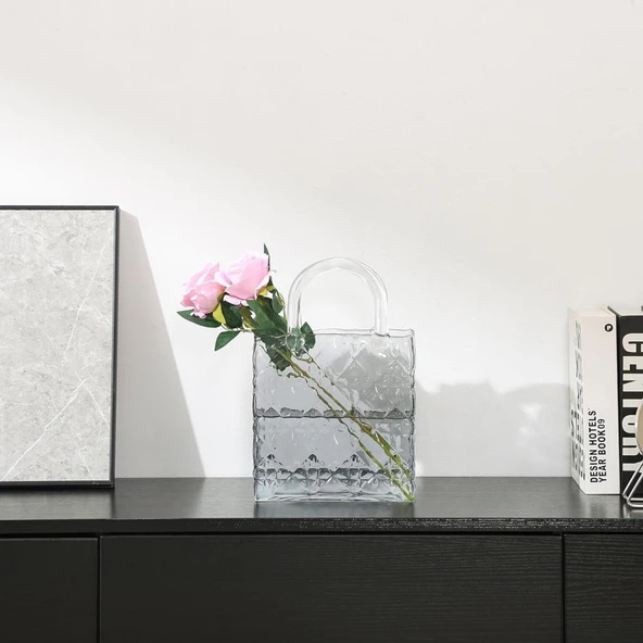 Nettenevime Çanta Vazo Köşeli Model Cam Çiçek Vazosu Dekoratif Antrasit Vazo Büyük Boy Glass Bag Vase - 8