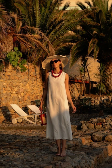 Kadın Keten Kolsuz Elbise FRN30392 - 5