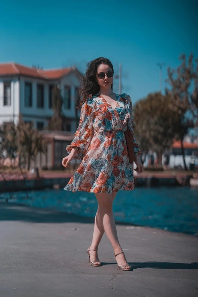 Kadın Çiçek Desenli Kısa Elbise FRN30380 - 7