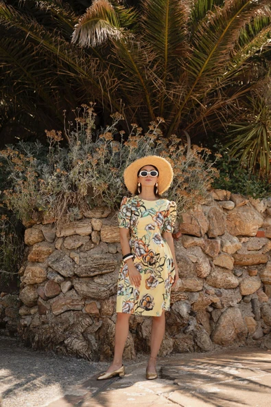 Kadın Lastik Belli Çiçekli Elbise FRN3025 - 3