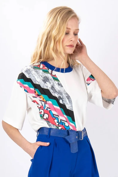 Kadın Asimetrik Desenli Kısa Kollu Bluz FRN1006 - 4
