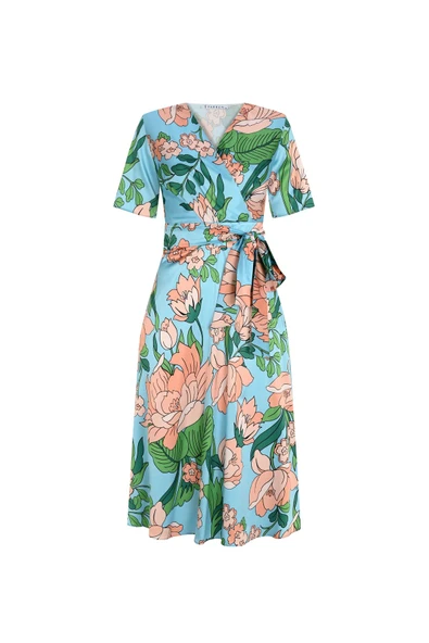 Kadın Çiçek Desenli Kuşaklı Kruvaze Elbise FRN30383 - 4