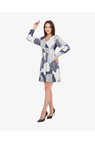 Kadın Desenli Uzun Kollu Elbise FRN30385 - 12