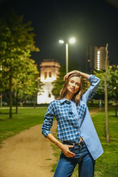 Kadın Ekoseli Düşük Omuzlu Gömlek FRN1114 - 2