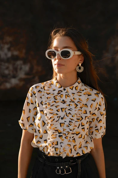 Kadın Volan Detaylı Geometrik Desenli Gömlek Bluz FRN1008 - 8