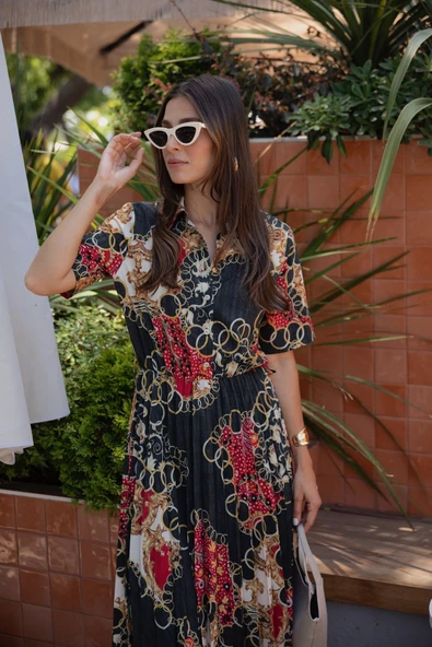 Kadın Desenli Midi Gömlek Elbise FRN3005 - 3