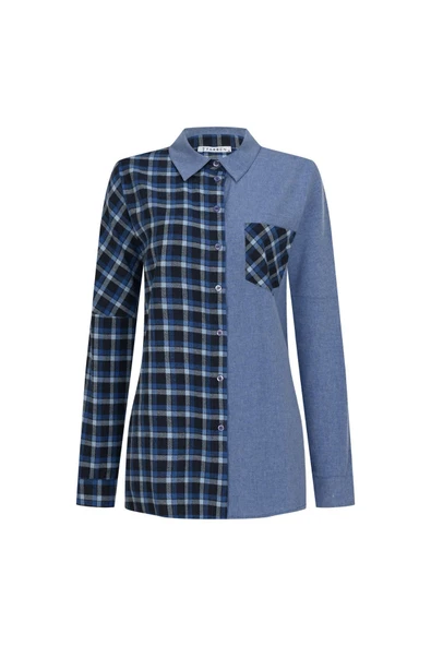 Kadın Ekoseli Düşük Omuzlu Gömlek FRN1114 - 5