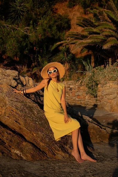 Kadın Keten Kolsuz Elbise FRN30392 - 10