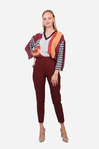 Kadın Geometrik Desenli Blok Renkli Bluz FRN1103 - 4