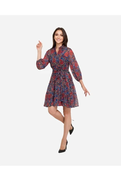 Kadın Lastik Kollu Çiçek Desenli Elbise FRN30382 - 11