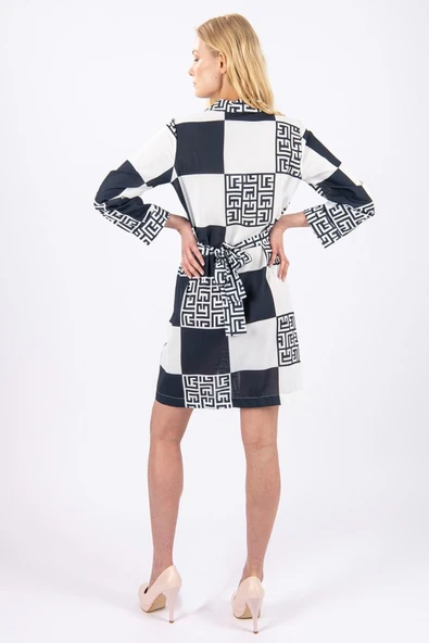 Kadın Desenli Mini Ceket Yaka Elbise FRN3020 - 6