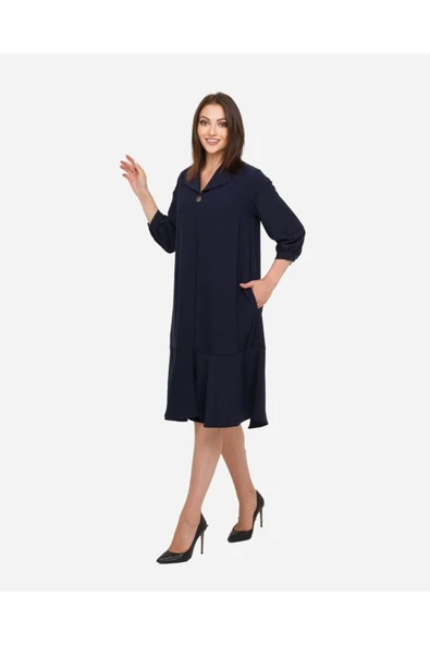 Kadın Taş Düğme Detaylı V Yaka Elbise FRN3060 - 2