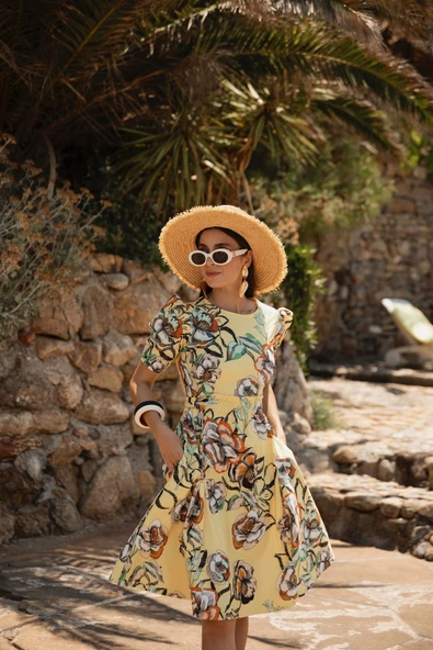 Kadın Lastik Belli Çiçekli Elbise FRN3025 - 2