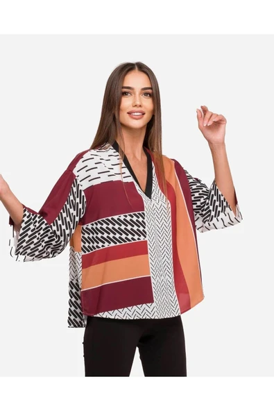 Kadın Geometrik Desenli Blok Renkli Bluz FRN1103 - 3