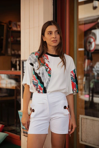 Kadın Asimetrik Desenli Kısa Kollu Bluz FRN1006 - 9