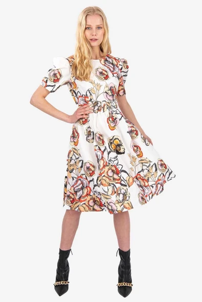 Kadın Lastik Belli Çiçekli Elbise FRN3025 - 9