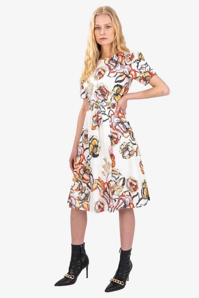 Kadın Lastik Belli Çiçekli Elbise FRN3025 - 10