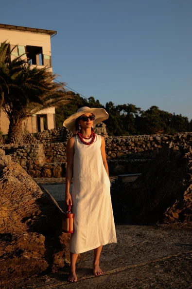 Kadın Keten Kolsuz Elbise FRN30392 - 4