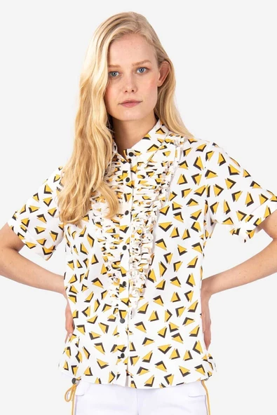 Kadın Volan Detaylı Geometrik Desenli Gömlek Bluz FRN1008 - 11