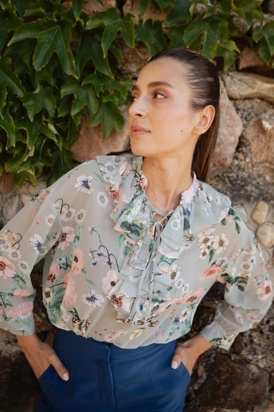 Kadın Çiçek Desenli Şifon Bluz FRN1001 - 7