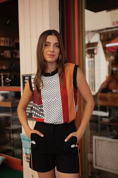 Kadın Desenli Blok Renkli Kolsuz Bluz FRN1108 - 5