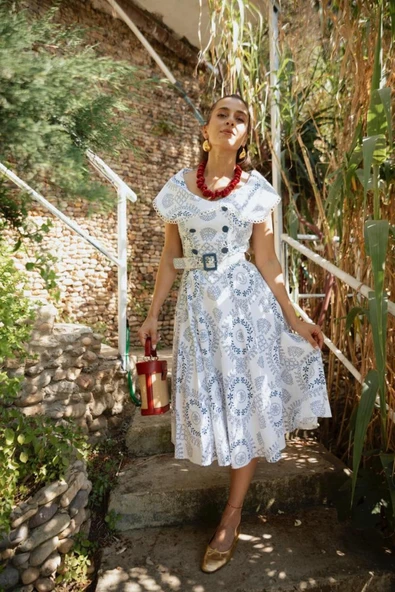 Kadın Güpür Yaka Detaylı Brode Elbise FRN3053 - 5