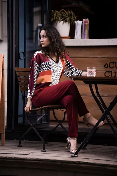 Kadın Geometrik Desenli Blok Renkli Bluz FRN1103 - 2