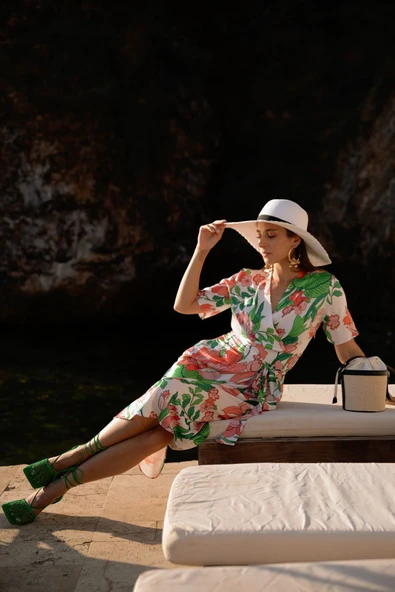 Kadın Çiçek Desenli Kuşaklı Kruvaze Elbise FRN30383 - 8