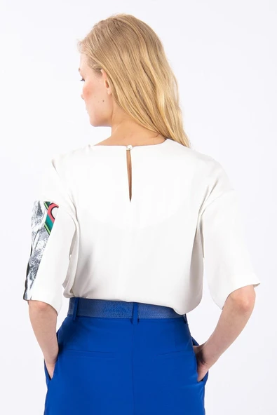 Kadın Asimetrik Desenli Kısa Kollu Bluz FRN1006 - 5