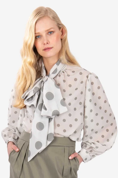 Kadın Puantiye Desenli Fularlı Bluz FRN1003 - 3