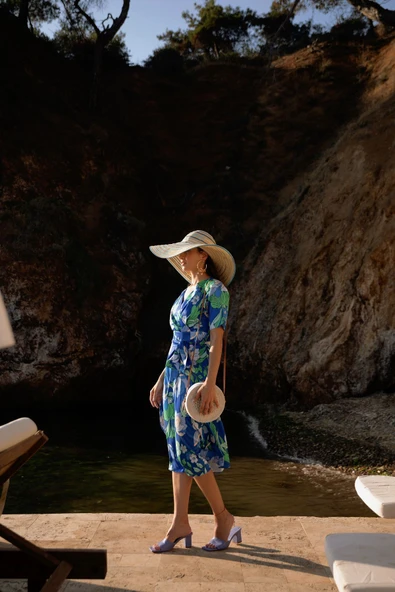 Kadın Çiçek Desenli Kuşaklı Kruvaze Elbise FRN30383 - 12