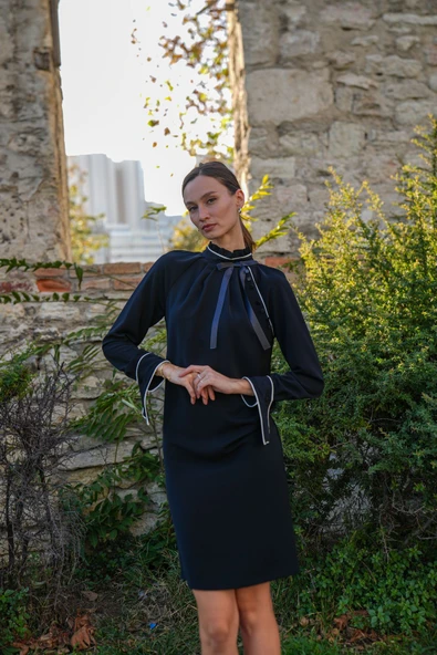 Kadın Fiyonk Detaylı Yüksek Yaka Elbise FRN3101 - 4