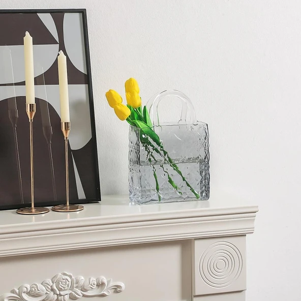 Nettenevime Çanta Vazo Köşeli Model Cam Çiçek Vazosu Dekoratif Antrasit Vazo Büyük Boy Glass Bag Vase - 7