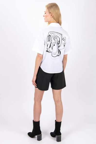 Kadın Soyut Baskılı Kısa Kollu Gömlek FRN6003 - 3