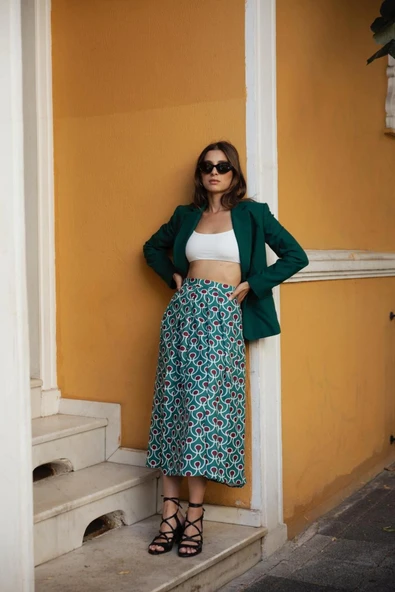 Kadın Desenli Yırtmaçlı Etek FRN4053