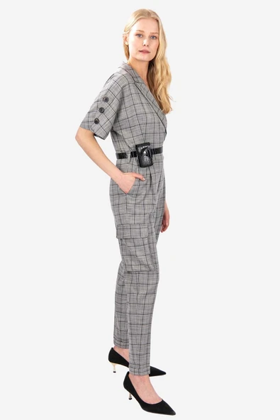 Kadın Modern Gri Kareli Tulum FRN5000 - 2