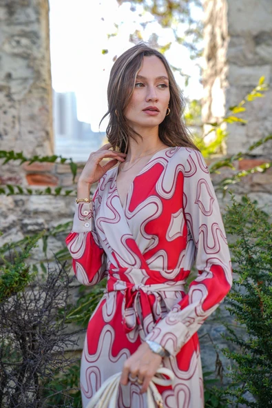 Kadın Desenli Kruvaze Midi Elbise FRN3112 - 4