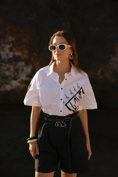 Kadın Kısa Kollu Baskı Detaylı Gömlek FRN6005 - 2