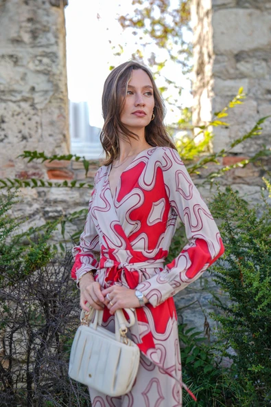 Kadın Desenli Kruvaze Midi Elbise FRN3112