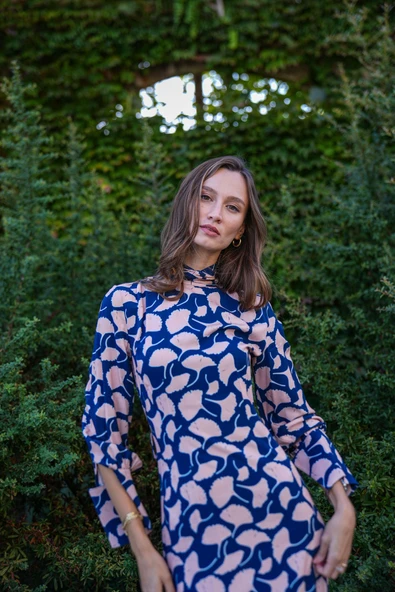 Kadın Geometrik Desenli Bağlamalı Viskoz Elbise FRN3118 - 2