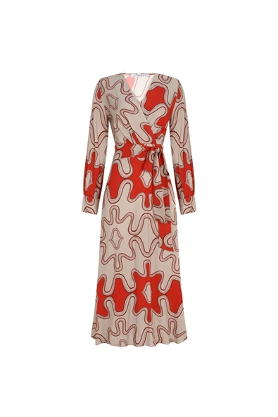 Kadın Desenli Kruvaze Midi Elbise FRN3112 - 5