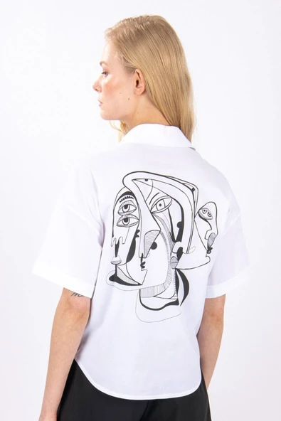 Kadın Soyut Baskılı Kısa Kollu Gömlek FRN6003 - 4