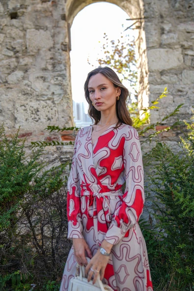 Kadın Desenli Kruvaze Midi Elbise FRN3112 - 2