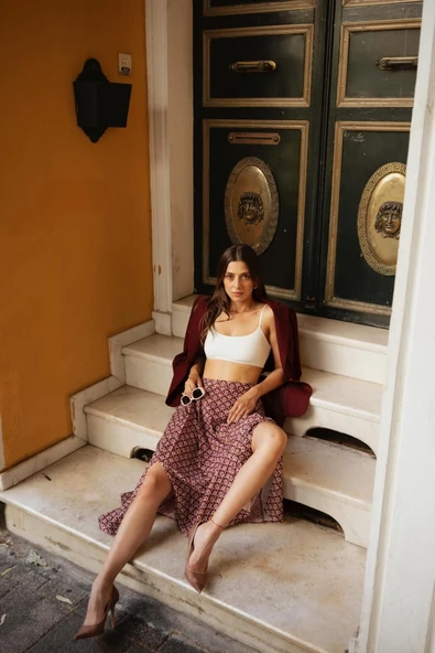 Kadın Desenli Yırtmaçlı Etek FRN4053 - 9