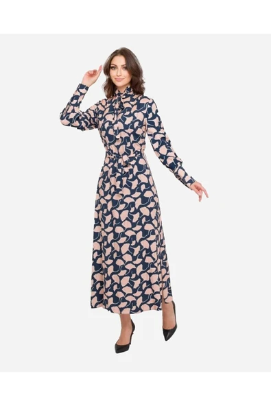 Kadın Geometrik Desenli Bağlamalı Viskoz Elbise FRN3118 - 4